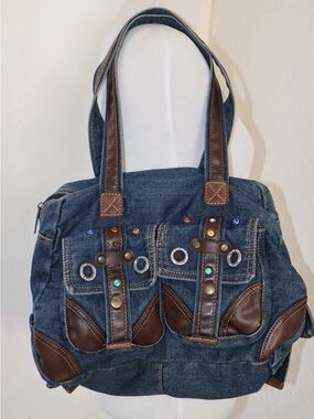 Vintage Denim Shoulder Bag Y2K Cargo Purse Blue Jean Utility Handbag Pocket Tote